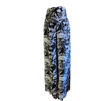 Ladies Womens Palazzo Wide Leg Pants Banded Waist Black White Floral Pattern 2