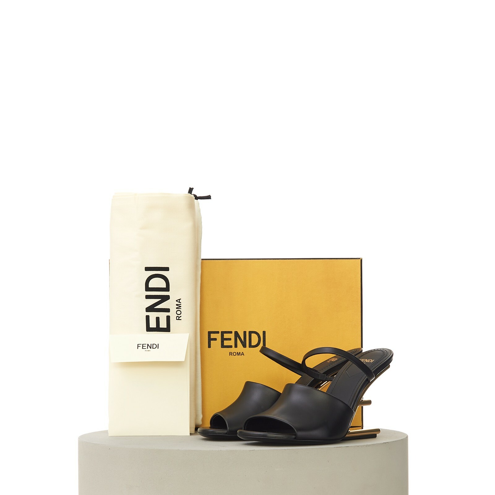 Pre-owned Fendi First 1390$ Black Leather High Heel Sandal, F-shaped Gold Metal Heel