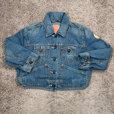 Levis Jacket Womens XL Blue Jean Crop Trucker California Patch Colorful Stitch