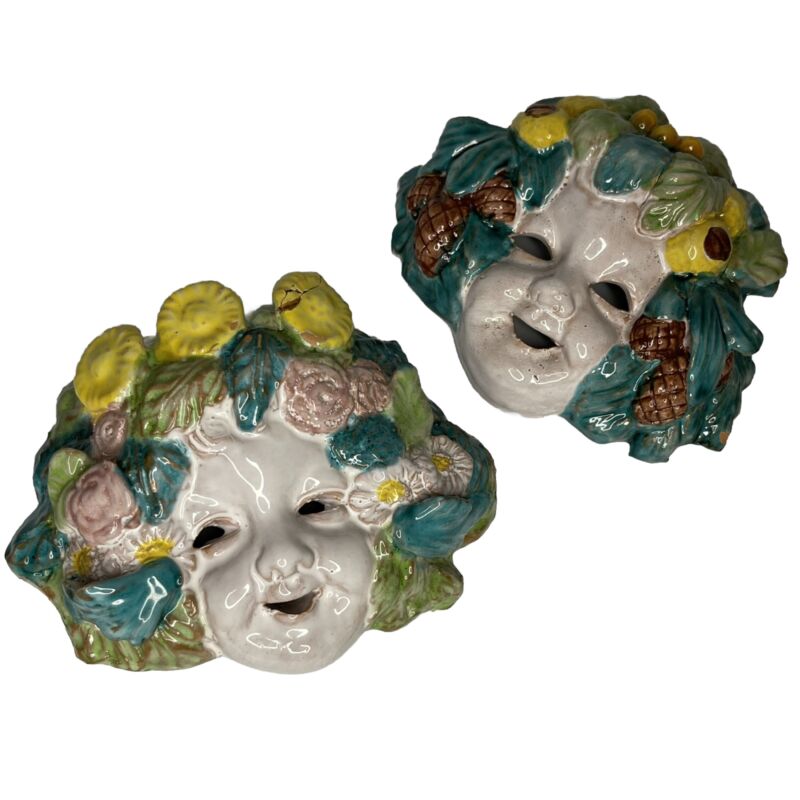 2 Vtg Italy Majolica Pottery 4.5"x5.5" Bacchus Floral Seasons Wall Hanging Mask