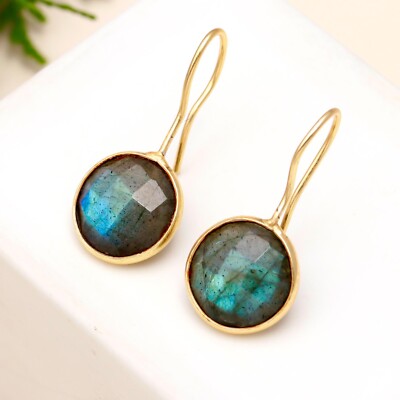Blue Labradorite Round Gemstone Handmade 925 Sterling Silver Earring Jewelry