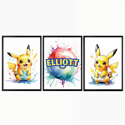 Pokemon Personalised Pikachu Kids Bedroom Set of 3  PS PC Kids bedroom poster