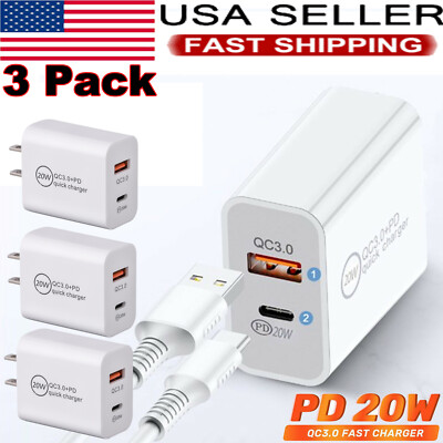 3pc USB C Wall Charger 20W PD Power Adapter Quick Charging Block for iPhone iPad