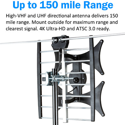 Multi-Directional 4V HDTV Antenna - up to 150 Mile Range, UHF/VHF Attic, Outdoor