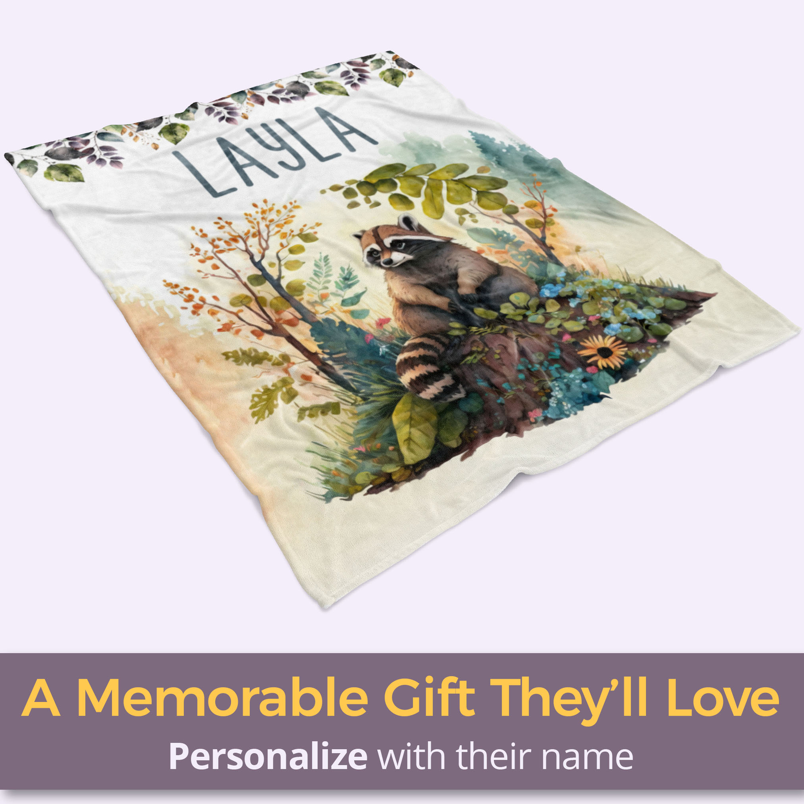Racoon Blanket - Personalized Woodland Forest Fleece Throw Custom Kids Baby Gift