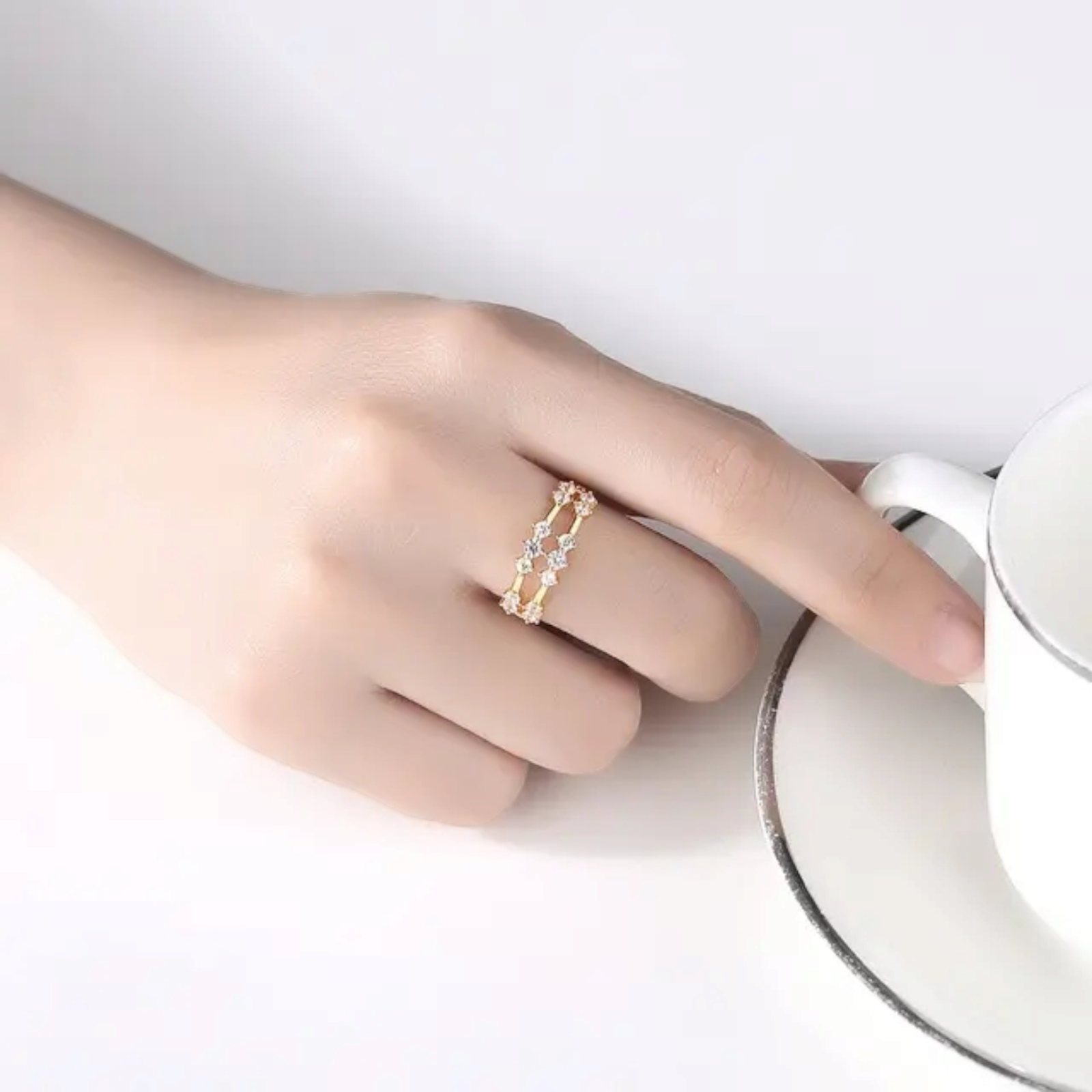 Gold Plated Band Adjustable Matching Wedding Ring With Cubic Zirconia For Women