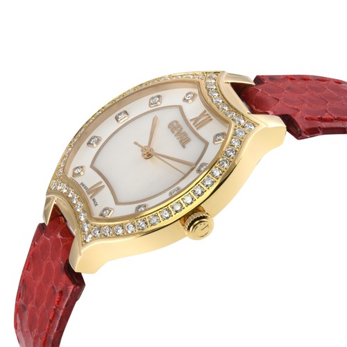 Pre-owned Gevril Womens 11221 Lugano Swiss Quartz Diamond Mop Dial Red Snake Leather Watch