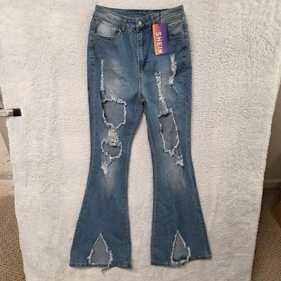 SHEIN Women's Size 26 Blue Distressed Flare Jeans Bell Bottom High Waist