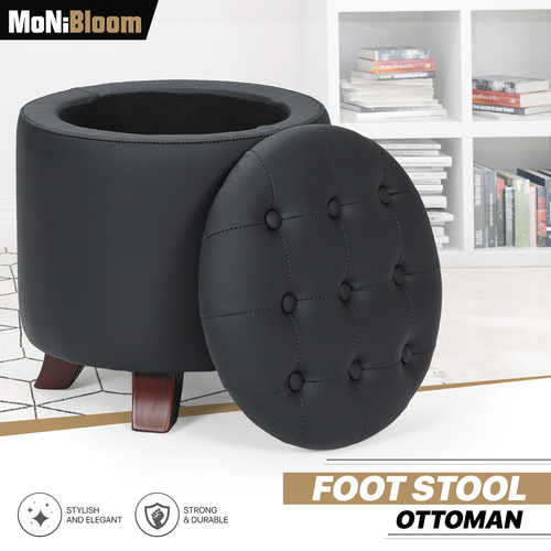 17" Black Round Storage Ottoman Classic PU Leather Lift Top Footstool Wood Legs