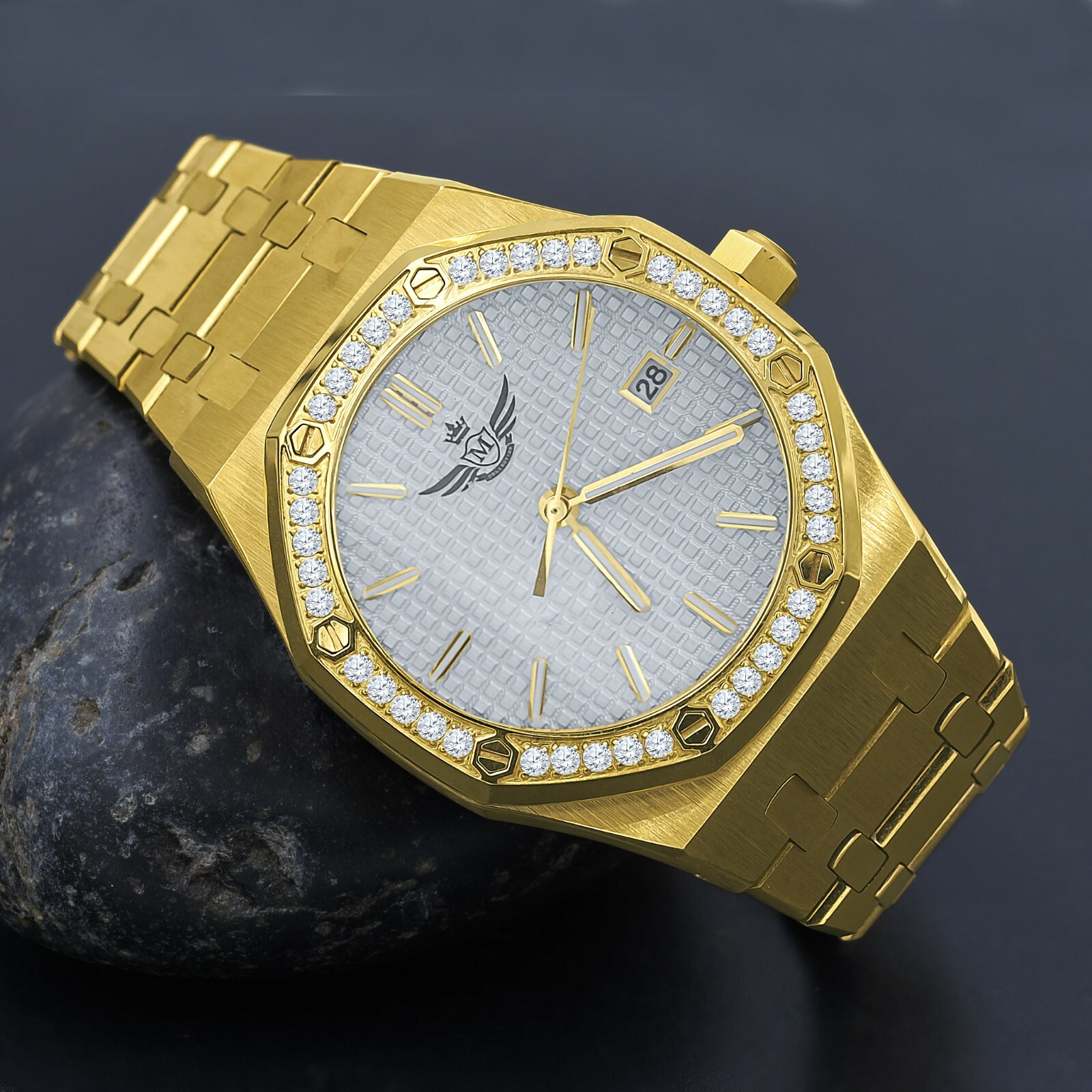 Pre-owned Bling Master Men's Full Steel Mop Dial 2 Tone Gold Finish W/date Simulated Diamond 42mm Watch