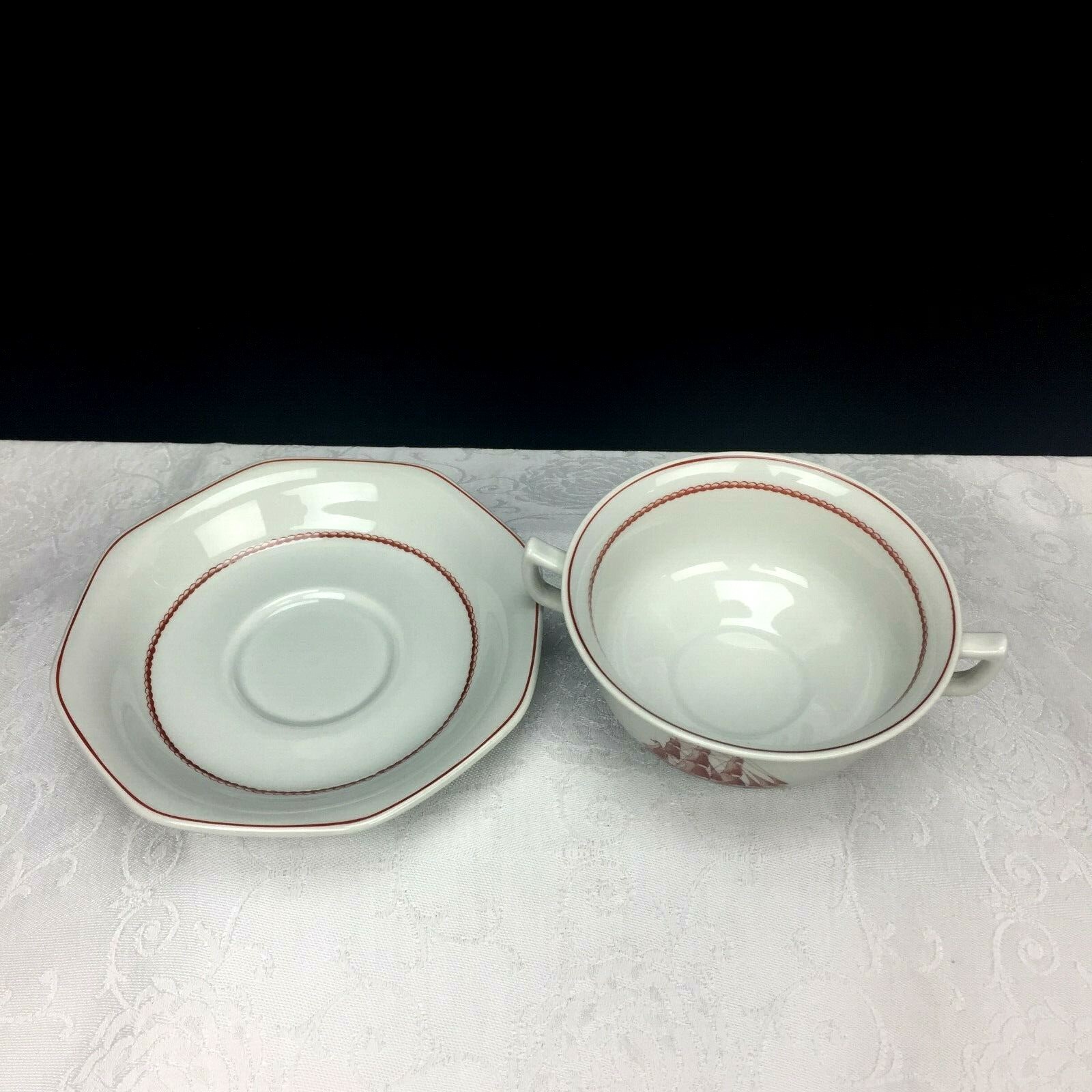 Wedgwood Flying Cloud Rust Cream Soup Bowl & Saucer Set Vintage