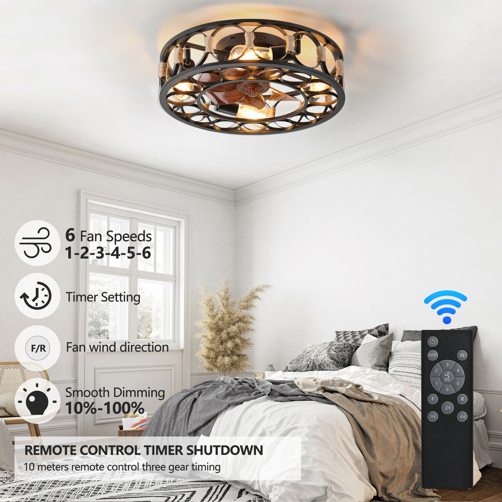 20" Caged Ceiling Fan Lights Flush Mount Farmhouse Light kit With Remote Control