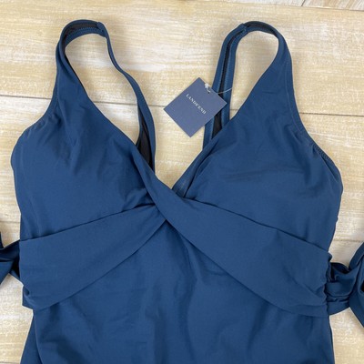 Lands' End Teal Cross Front Tie Back One Piece Swimsuit Size 12 Slimming NWT