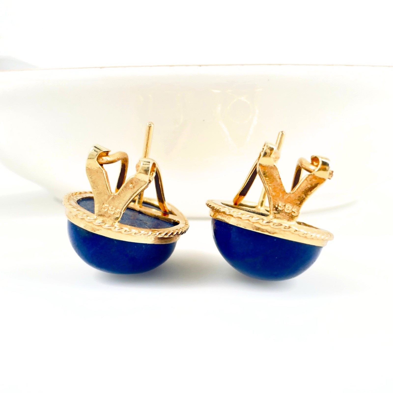 14k Yellow Gold Dark Blue Lapis Lazuli Omega Back Earrings, Preowned - Picture 6 of 13