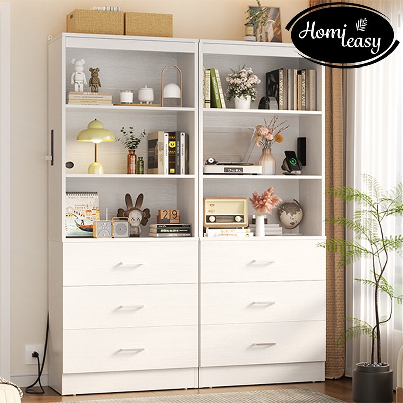 DIY Wooden Bookshelf with Outlets & 3 Drawers & Open