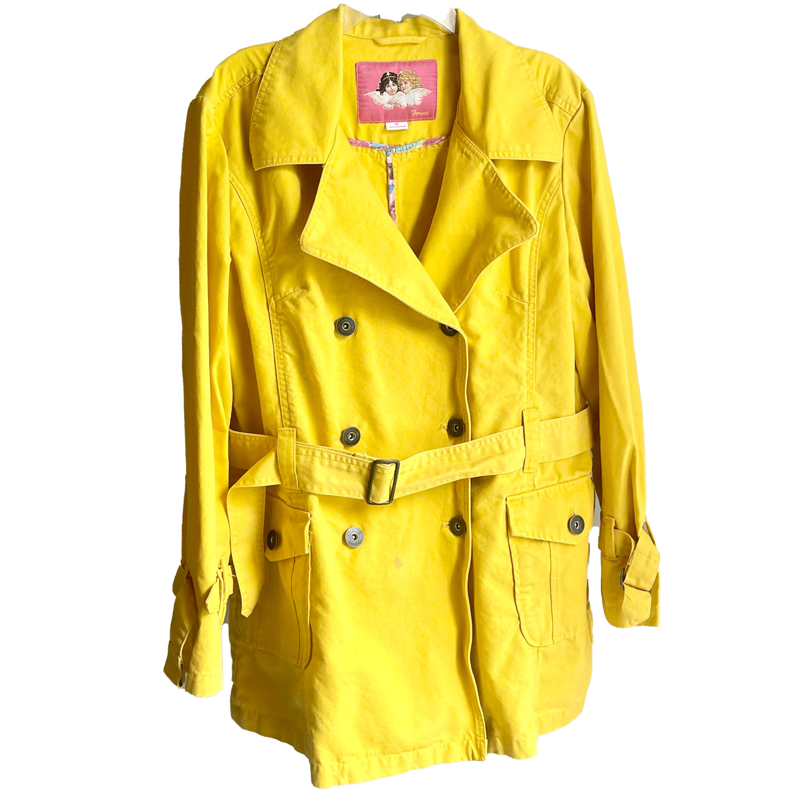 Womens Fiorucci Yellow Double Breasted Statement Trench Coat Jacket Size XL