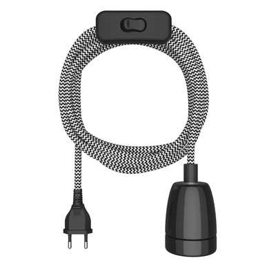Câble textile LEHA II prise interrupteur noir blanc dentelé 3 m douille