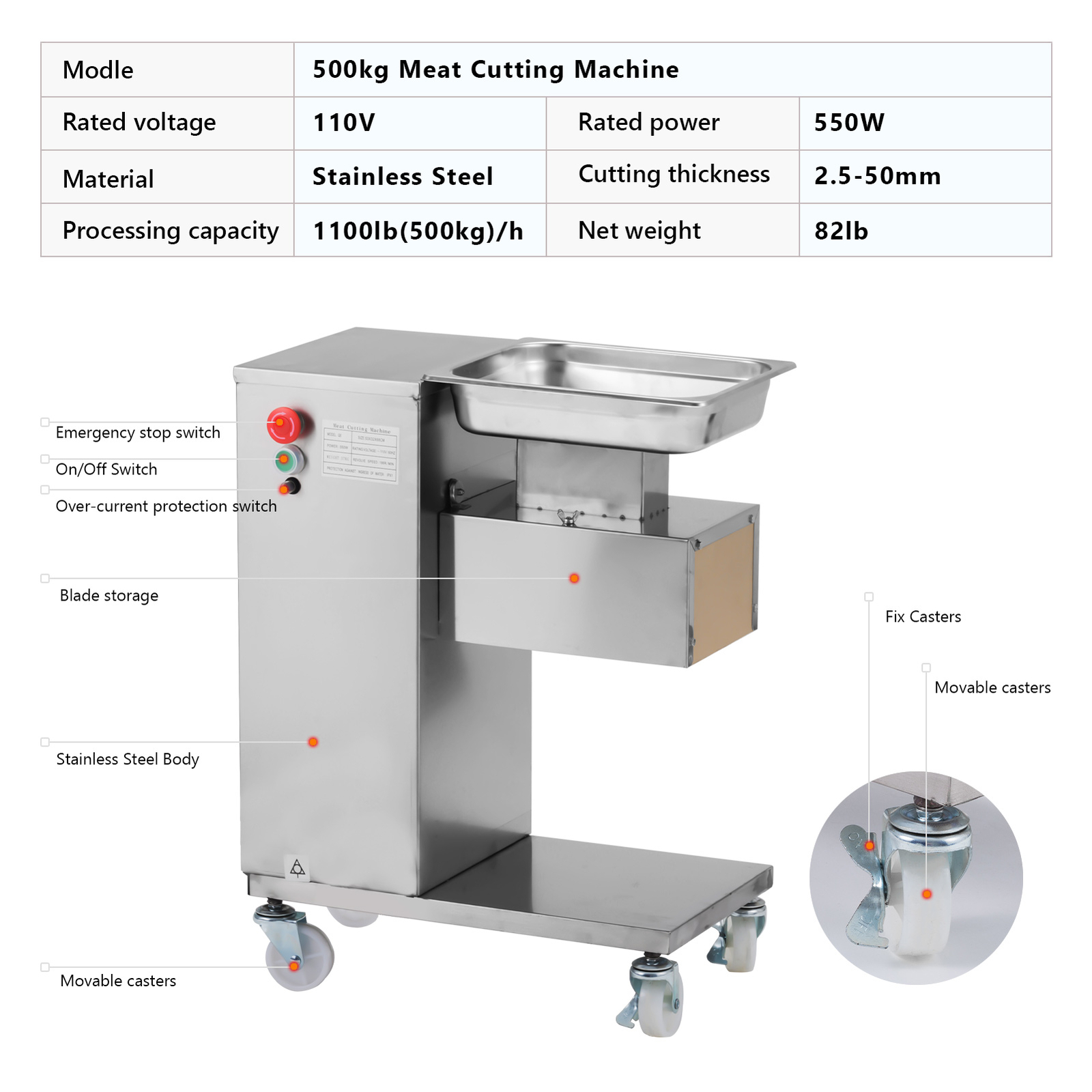 QE-500KG Output Meat Cutting Machine 110V Meat Cutter Slicer Stainless Steel