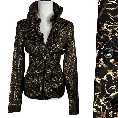 Samuel Dong Metallic Silk Blend Jacket Size Small Black Gold Wire Ruffle Collar