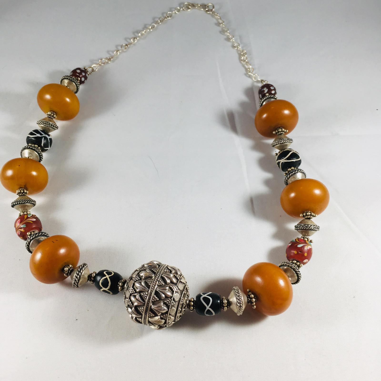 Vintage African Trade Bead Necklace with Amber and Sterling silver Ball pendant
