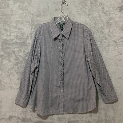 Lauren Ralph Lauren Shirt 2X Plus Button Top Long Sleeves Ruffle Black Gingham