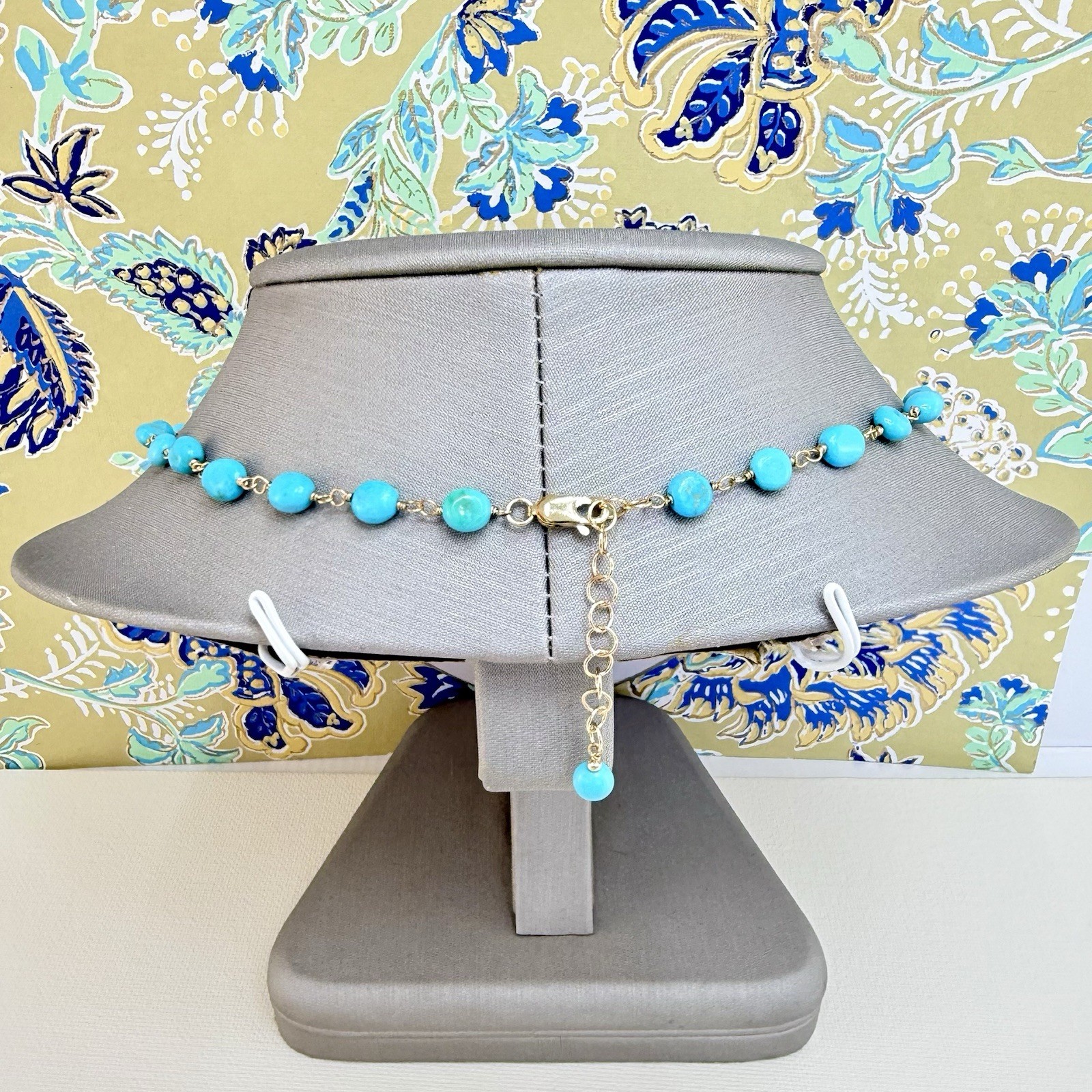 14k Yellow Gold Genuine Sleeping Beauty Turquoise Handcrafted Necklace, 16.5-18