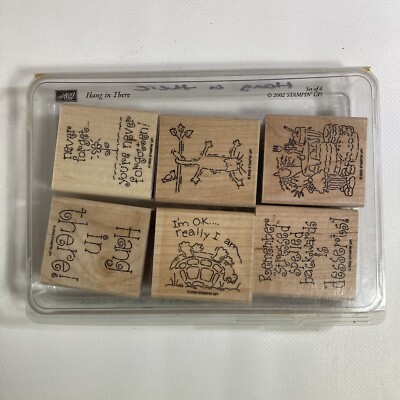 Stampin Up Hang in There Wood Rubber Stamps Turtle Cat Cake Flower Lot Of 6