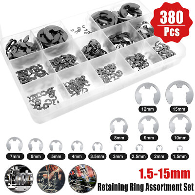 380x 14 Sizes Stainless E-Clip Circlips External Retaining Ring Assortment Set