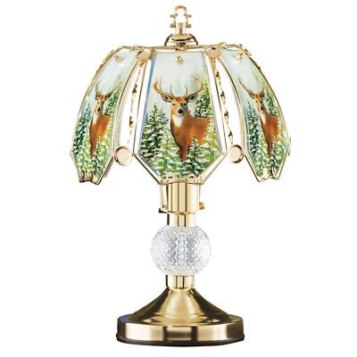 Forest Deer Scene Gold-Tone Tabletop Touch Lamp
