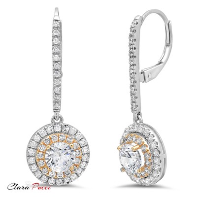 Pre-owned Pucci 2.62ct Round Simulated Halo Lever Back Drop Dangle Earrings 14k Two-tone Gold