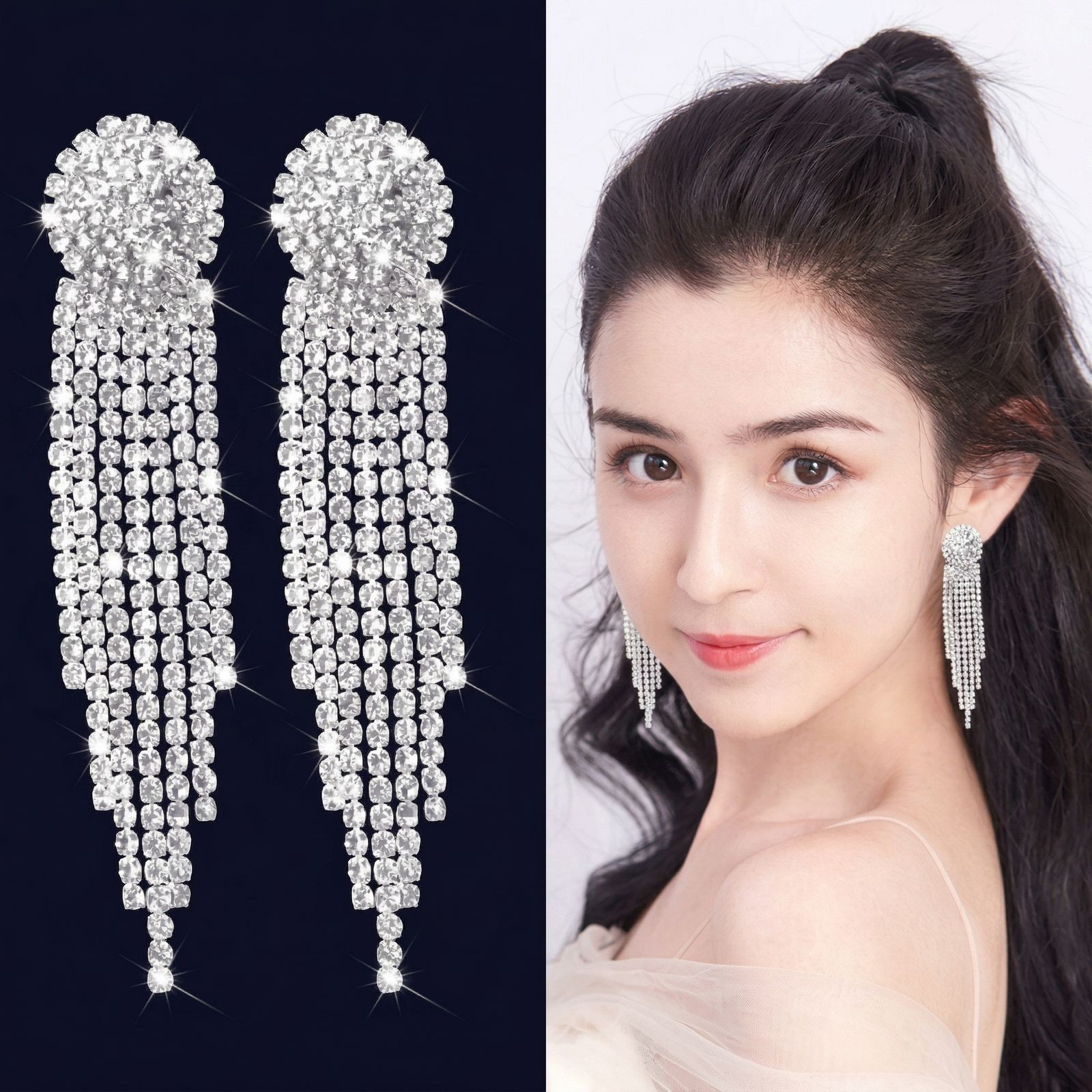 CLIP ON Earrings Crystal Silver Rhinestone Fake Studs Non Pierced Ear Womens