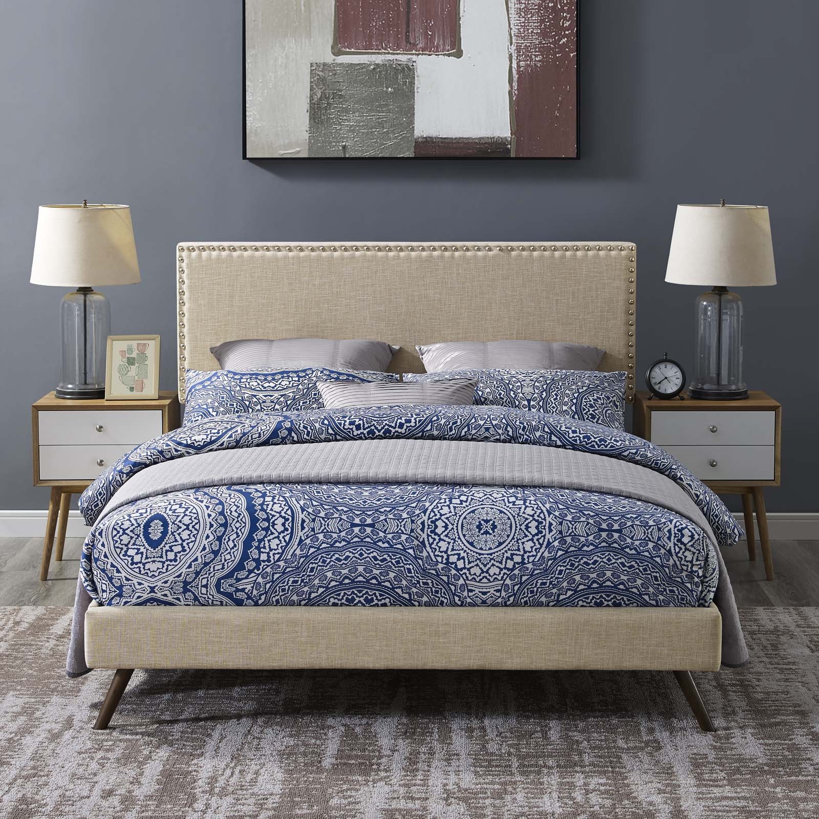 Fabric Upholstered Nailhead Trim Full Platform Bed Frame w ...
