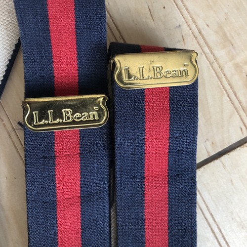 LL Bean Men Large Suspenders Leather Button Tabs Blue Red Striped Elastic