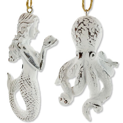 Octopus Mermaid Ornaments - Nautical Coastal Christmas Decorations, Set of 2
