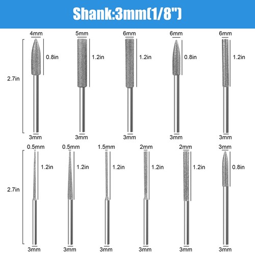 11Pcs Diamond Burr Stone Carving Grinding Bits 1/8" Shank for Dremel Rotary Tool
