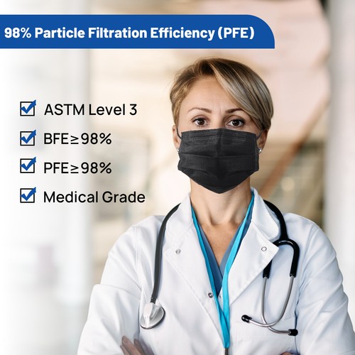 4-Ply Black Face Mask Medical Surgical Disposable 50pcs Earloop Mouth Cover