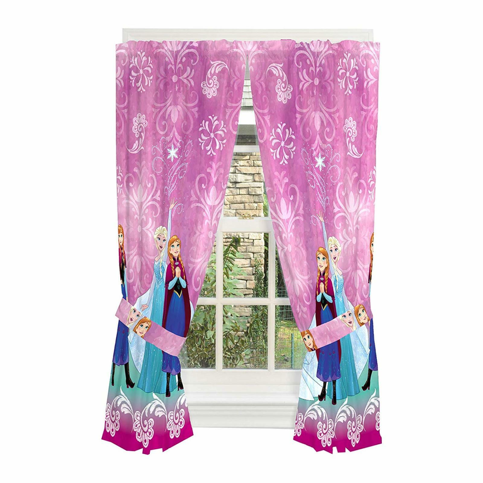 Disney Frozen Kids Room Window Curtain Panels With Tie Backs Dark