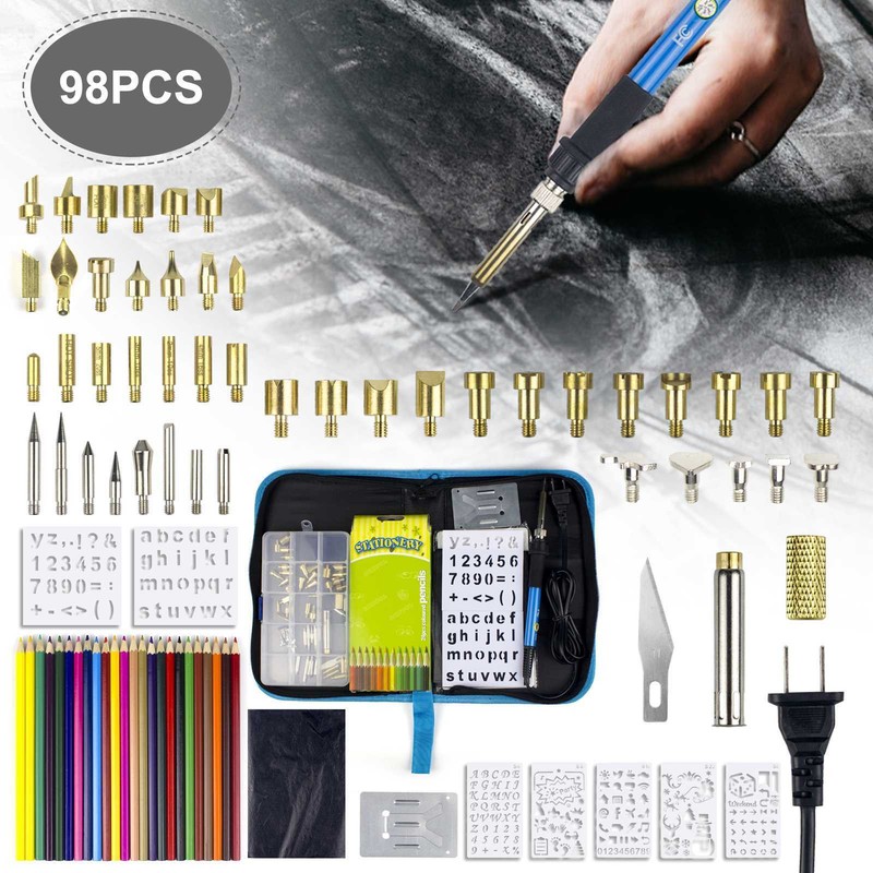 98Pcs 60W Wood Burning Pen Set Electric Soldering Iron Kit Iron Burner Hobby Kit