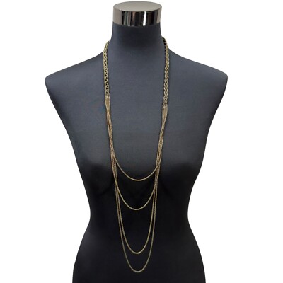 Braided Gold Tone Layered Chain Necklace Long Statement Fashion Jewelry 22 in L