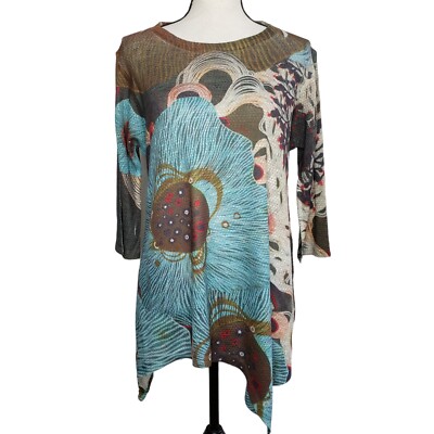 Atelier 5 Gozde Yilmaz Top NWT 3/4 Sleeve Medium Pullover Asymmetrical Hem Blue