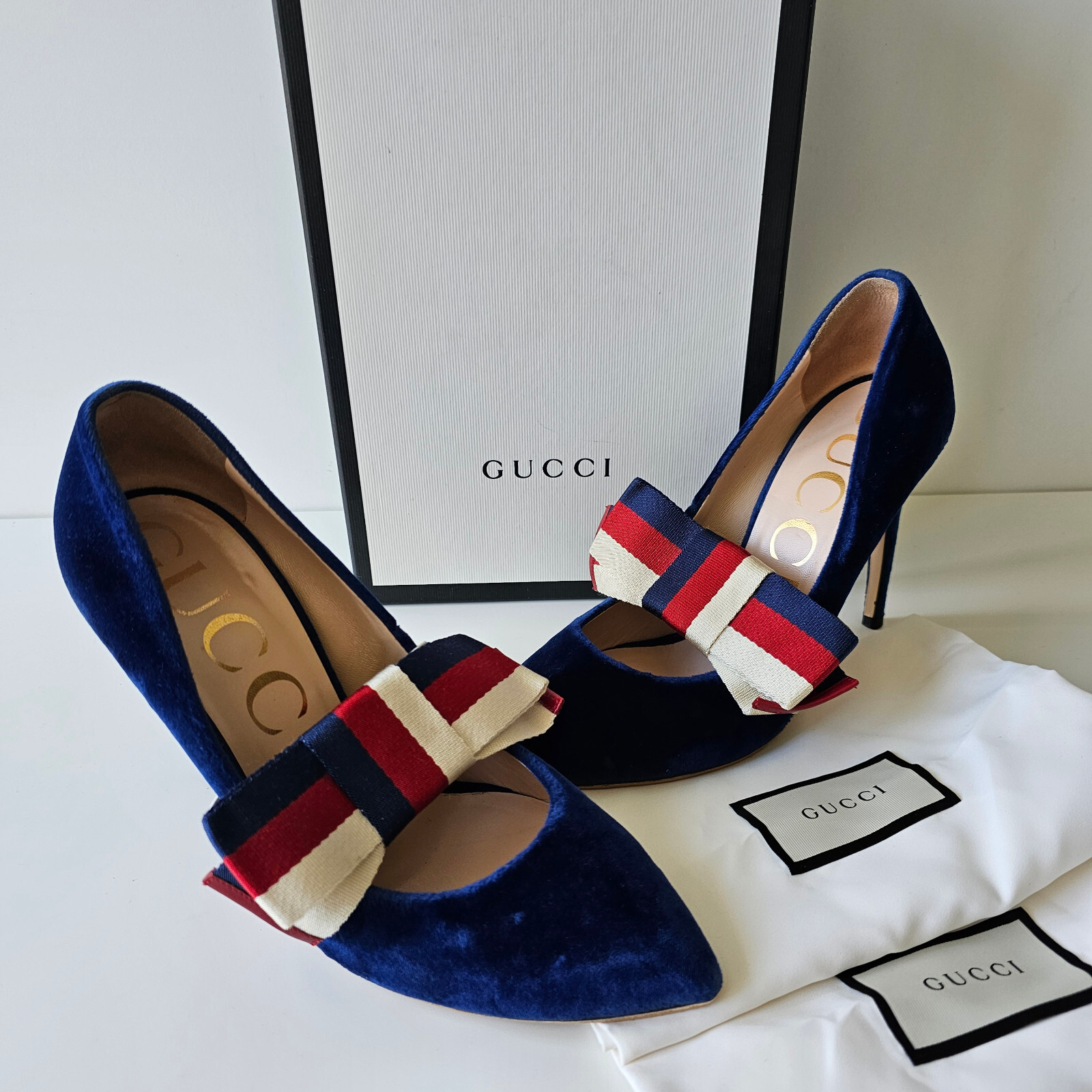 Gucci Sylvie Web Removeable Bow Blue Velvet Heel Pumps Heels Gucci Sylvie Web Removeable Bow Blue Velvet Heel Pumps Heels