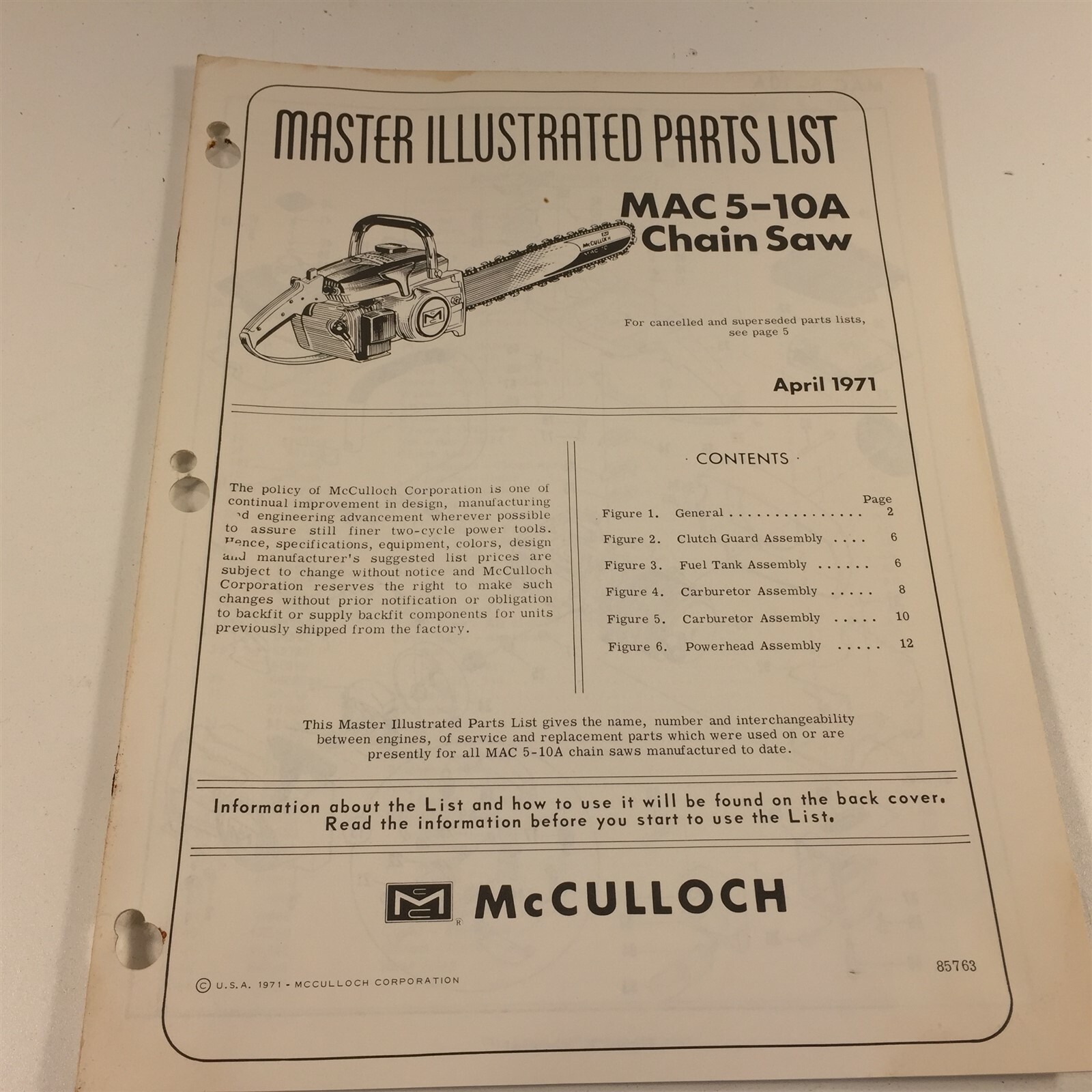 1971 McCulloch Mac 5-10A Chain Saw Master Illustrated Parts