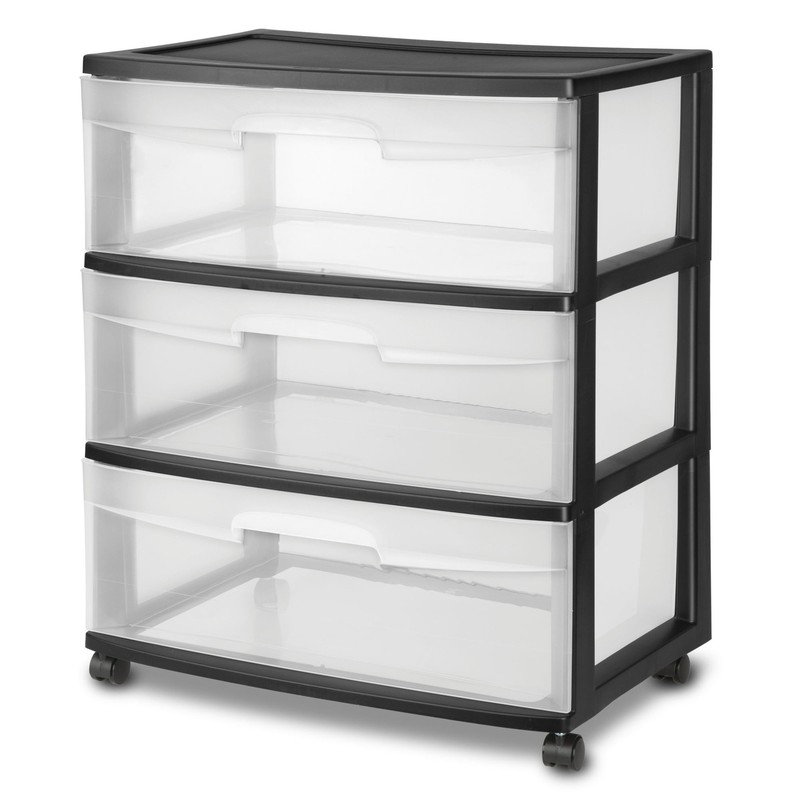 Sterilite Plastic 3 Drawer Cart Wide Tower Black Dorm Portable
