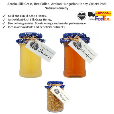 Acacia, Silk Grass, Bee Pollen, Artisan Hungarian Honey Variety Pack, Mezbarlang