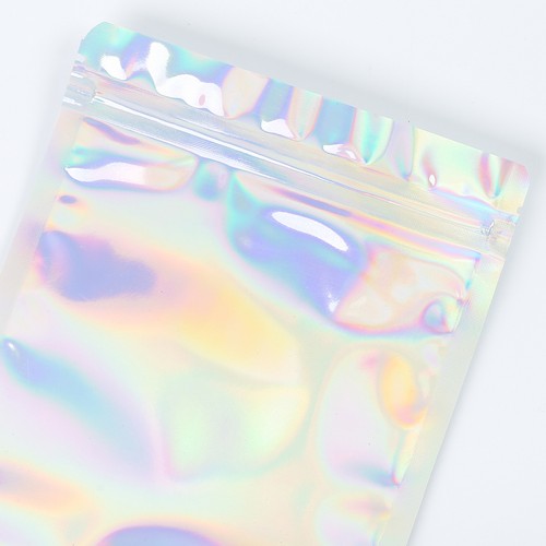 100 Windowed Silver Holographic Stand Up Bags with QuickQlick™ Seal for Food