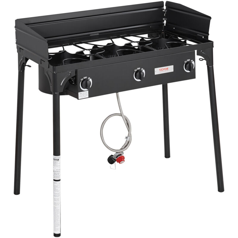VEVOR 3 Burner Propane Gas Cooker Outdoor Portable Camping Stove w/ Windshield
