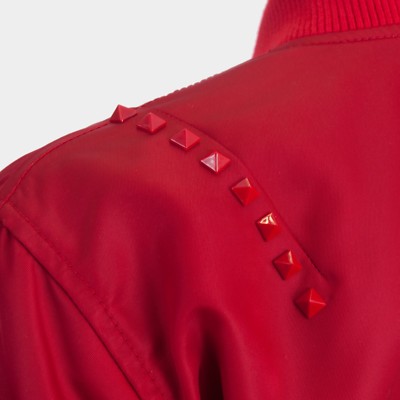 Pre-owned Valentino 3290$ Red Satin Bomber Jacket - Rockstuds, Zip Up, Sleeve Pocket