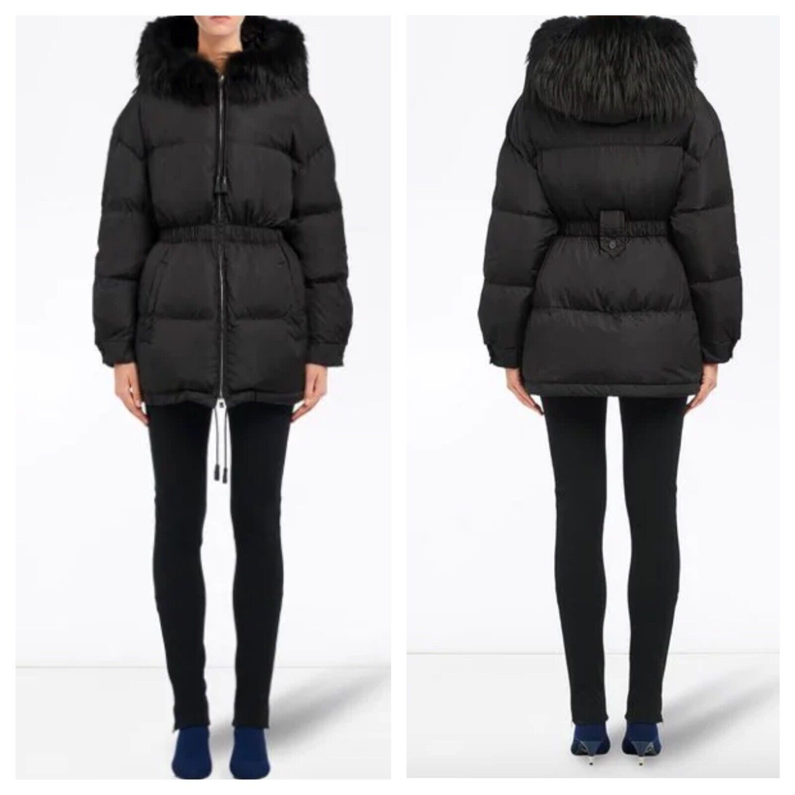 PRADA Black Zip Front Cinched Waist With Fur Collar Quilted PRADA Black Zip Front Cinched Waist With Fur Collar Quilted