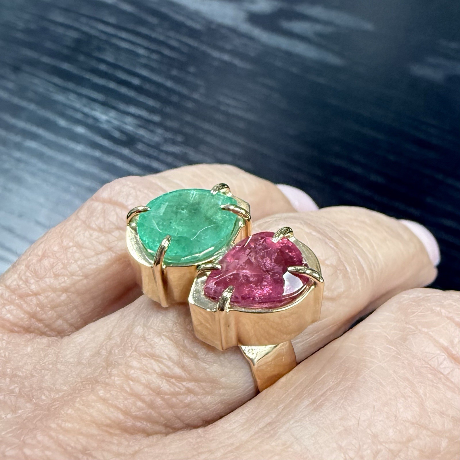 14k Yellow Gold Genuine Emerald & Pink Tourmaline Modernist Ring, New Size 6.5 - Picture 3 of 14