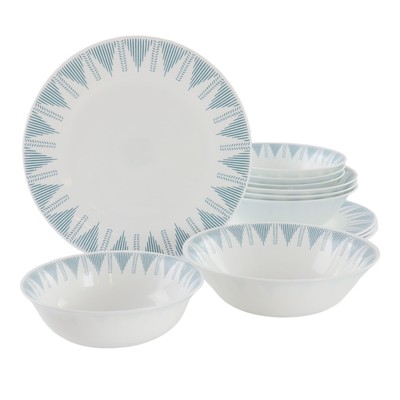 Piper Point 12 Piece Opal Glass Dinnerware Set in White With Blue Accents